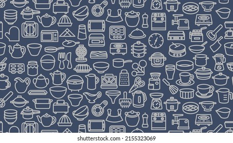 kitchenware pattern. Set of  line icons on dark blue background.