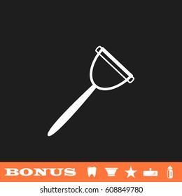 Kitchenware peeler icon flat. White pictogram on black background. Vector illustration symbol and bonus button tooth, vase, star, mirror, bottle