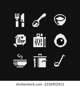 Juego de íconos de 1 bit de arte de píxeles de cocina, emoticonos negros y blancos, tenedor, cuchara, pescado, aguacate, rallador, sopa, olla y cuchara. Diseño para logotipo, sticker y aplicación móvil. Ilustración vectorial aislada.