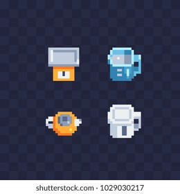 Kitchenware pixel art icon set kitchen scale and kettle isolated vector illustration 8-bit sprite video game assets. Kitchen utensils. 