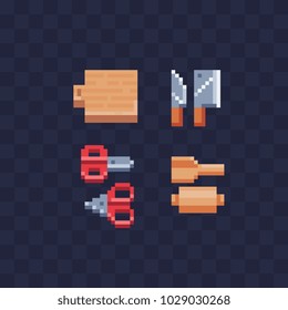 Kitchenware pixel art icon set wooden cutting board for cooking, kitchen spatula and rolling-pin, scissors and knives isolated vector illustration 8-bit sprite video game assets. Kitchen utensils.