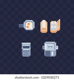 Kitchenware pixel art icon set frying pan with eggs and saucepan isolated vector illustration 8-bit sprite video game assets. Kitchen utensils.