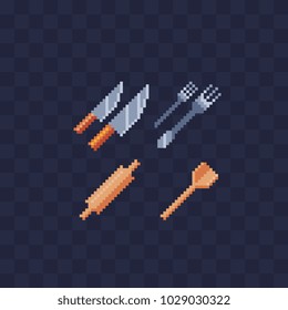 Kitchenware pixel art icon set fork and spoon, kitchen spatula, rolling-pin and knives isolated vector illustration 8-bit sprite video game assets. Kitchen utensils.