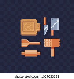 Kitchenware pixel art icon set wooden cutting board for cooking, kitchen spatula and rolling-pin, hammer and knives isolated vector illustration 8-bit sprite video game assets. Kitchen utensils.