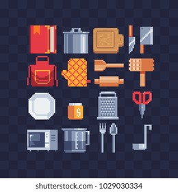 Kitchenware pixel art icon set isolated vector illustration 8-bit sprite video game assets. Kitchen utensils. Design for stickers, logo, embroidery, mobile app.