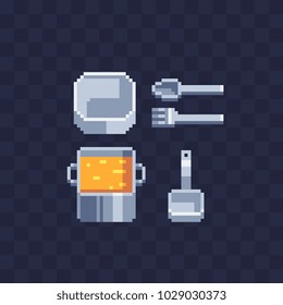 Kitchenware pixel art icon set adle, saucepan, bowl and fork with a spoon isolated vector illustration 8-bit sprite video game assets. Kitchen utensils.