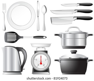 Kitchenware pots, knives, and other utensils used in the kitchen