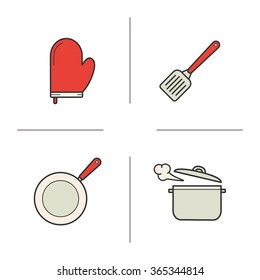 Kitchenware realistic color icons set. Steel spatula, oven glove, steaming stew pot and frying pan. Kitchen tools items. Cooking equipment. Logo concepts. Vector isolated illustrations