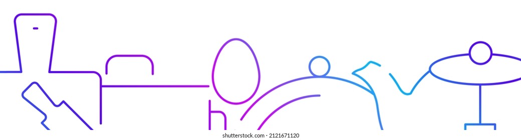 Kitchenware related horizontal banner or bottom border template background. Flat gradient line vector illustration isolated on white.