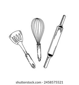 Kitchenware. Rolling pin for rolling out dough, whisk for whipping, spatula for cooking. All objects are drawn in vector in black. Suitable for printing on fabric, paper, towels, dishes.