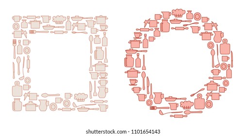 kitchenware in round and quadrate groups - vector illustration