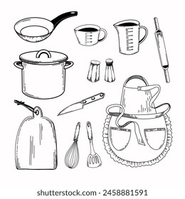 Küchenutensilien. Ein Topf, eine Pfanne mit einem schwarzen Griff, eine Messbecher, ein Schneebesen, ein Messer, ein Messer, ein Schneidebrett, ein Salzstreuer, eine Pfeffermühle. Für Küche, Herd, Design, Textilien