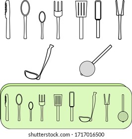 
Kitchenware: scoop, tablespoon and teaspoon, fork, knife, sieve, spatula. Vector image isolated on a white background.