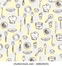 Kitchenware seamless background, kitchen knife, spoon, toque vector pattern with cook dishes