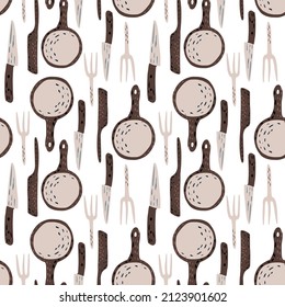 Kitchenware seamless pattern. Doodle fork, frying pan, table knife background. Kitchen artwork wallpaper. Creative design for fabric, textile print, surface, wrapping, cover. Vector illustration