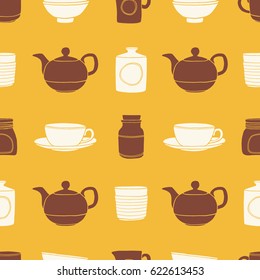 Kitchenware seamless pattern. Kitchen colorful vector background made of cups, tea pots, jars 