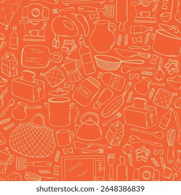 Kitchenware seamless pattern, kitchen utensils doodles wallpaper, wrapping paper, background, textile print, etc. EPS 10