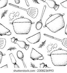 Kitchenware seamless pattern. Menu design background. Hand drawn sketch. Spoon, stewpot, stewpan, cup, spice grinder, cheese knife, spatula