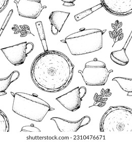 Kitchenware seamless pattern. Menu design background. Hand drawn sketch. Stewpot, stewpan, cup, frying pan, creamer, ladle, sugar bowl