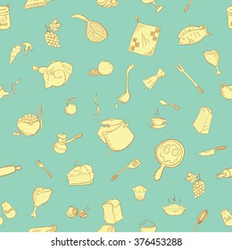 kitchenware seamless pattern perfect for printing on fabric and creating a wrapper for your handmade food. Also possible to use as a kitchen design, or as a design element of your website.