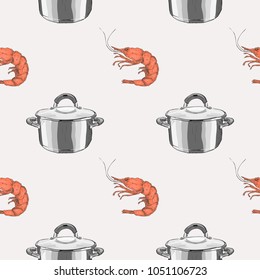 Kitchenware seamless pattern. Stylized hand drawn doodle dishes and shrimp . Colorful vector illustration.