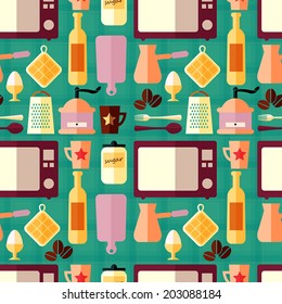 Kitchenware seamless pattern with trendy flat icons can be used for web, scrap, how to print fabric