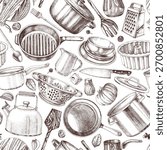 Kitchenware seamless sketched vector pattern