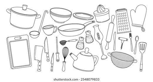 Kitchenware, seasoning containers, electric appliance for cooking black-and-white isolated set