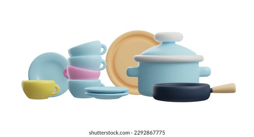 Kitchenware set in 3d style, vector illustration isolated on white background. Cute blue and yellow cups, plates, frying pan and cooking pot. Kitchen utensils for food preparation.