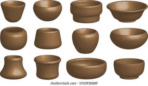 Kitchenware set 3d volume illustration, brown earthenware jug. Modern design of a plate, a wooden vessel for liquid.
