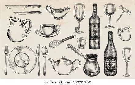 Kitchenware set. Beautiful tableware and kitchen utensils illustration