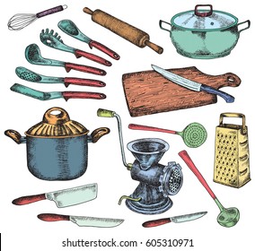 Kitchenware set. Beautiful tableware and kitchen utensils illustration