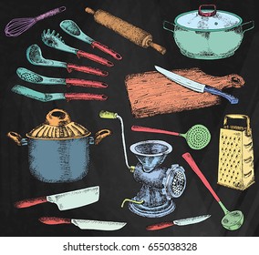 Kitchenware set. Beautiful tableware and kitchen utensils illustration on the chalkboard background