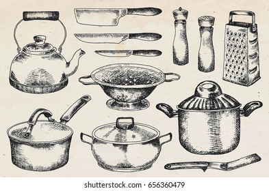 Kitchenware set. Beautiful tableware and kitchen utensils illustration