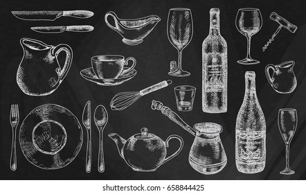 Kitchenware set. Beautiful tableware and kitchen utensils illustration on the chalkboard background