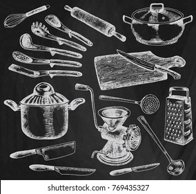 Kitchenware set. Beautiful tableware and kitchen utensils illustration on chalkboard background