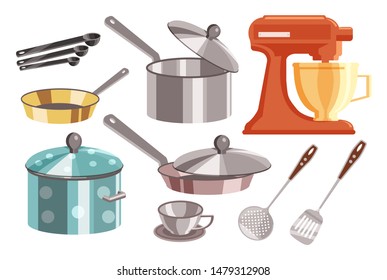 kitchenware set cooking ware. Kitchen utensil design elements set, isolated on white background. Vector cooking and kitchenware modern tools collection. Household flat cartoon icons. Kitchen equipment