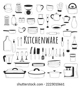 Kitchenware set. Doodle cooking icons. Cookware elements. Template, banner for design, menu, restaurant, cafe, bakery, wallpaper, recipe card, cookbook. Vector.