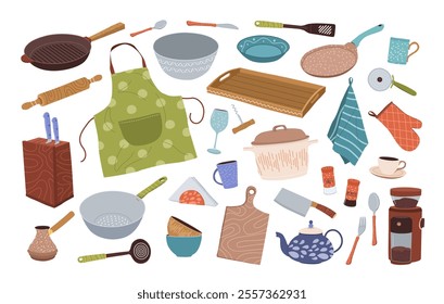 Kitchenware set featuring utensils, tools, and cooking equipment. Appliances, cutlery, and kitchen gadgets. A collection of isolated flat vector illustrations on a white background.