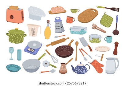 Kitchenware set featuring utensils, tools, and cooking equipment. Appliances, cutlery, and kitchen gadgets. A collection of isolated flat vector illustrations on a white background.