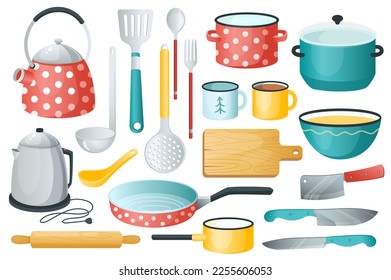 Kitchenware set graphic elements in flat design. Bundle of kettle, ladle, spoon, fork, frying pan, mug, board, bowl, knife, rolling pin, spatula and other utensil. Vector illustration isolated objects