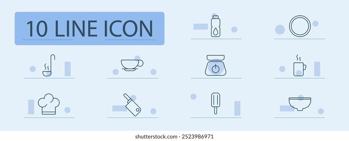 Icono de conjunto de utensilios de cocina. Cucharón, taza, plato, escalas, taza, sombrero del chef, tabla de cortar, paletas, tazón, botella de agua, utensilios de cocina, herramientas de cocina, bebidas, equipo culinario, vajilla