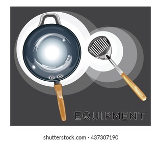 Kitchenware set isolated on white including wooden handle of pan, spade, mesh.