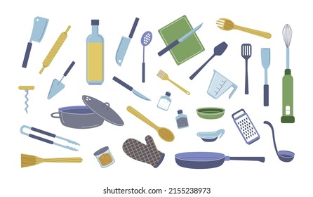 Kitchenware set. Kitchen tools and equipment, cartoon cooking appliance and utensils. Vector cookware isolated collection of kitchen utensil and cooking cutlery illustration