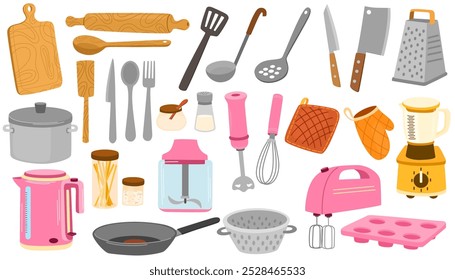 Conjunto de utensílios. Utensílios de cozinha, suprimentos, ferramentas, equipamentos, talheres. Cozinhe aparelhos e coleção de acessórios. Ilustrações de vetor plano de objetos de utensílios de cozinha.