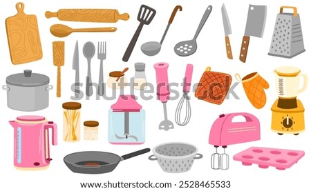 Kitchenware set. Kitchen utensils, supplies, tools, equipment, cutlery. Cook appliances and accessories collection. Flat vector illustrations of cookware objects.