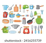 Kitchenware set. Kitchen utensils, tools, equipment and cutlery for cooking. Cartoon vector illustrations of cookware objects isolated on white background.