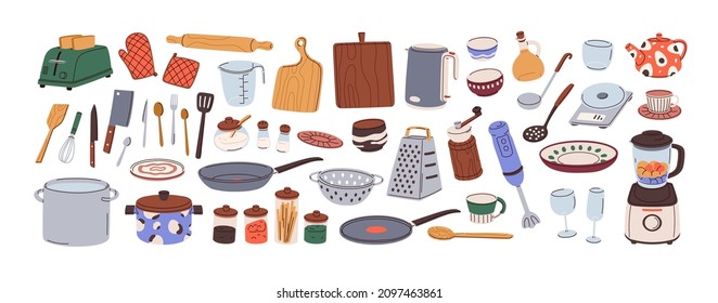 Kitchenware set  Kitchen utensils  tools  equipment   cutlery for cooking  Cook appliances   accessories collection  Flat vector illustrations cookware objects isolated white background