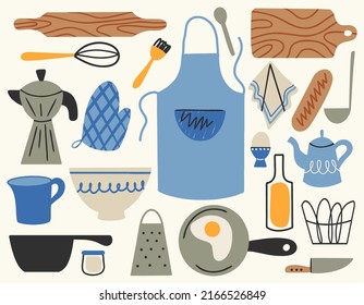 Kitchenware set. Kitchen utensils, tools, equipment and cutlery for cooking. Cook appliances and accessories collection. Flat vector illustrations of cookware objects isolated on white background.