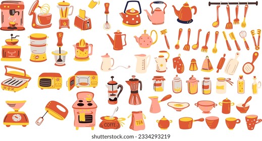 Kitchenware set. Kitchen utensils, tools, equipment and cutlery for cooking. Cook appliances and accessories collection. Flat vector illustrations of cookware objects isolated on white background